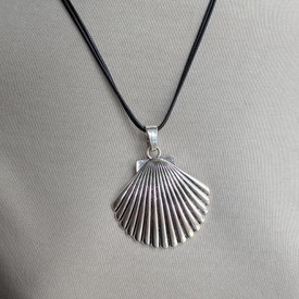 Chunky Silver Seashell Pendant Necklace + Bag, Choice Of Chains Black Cord 50cm,