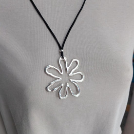 Chunky Silver Flower Pendant Necklace + Bag, Long Black Cord Chain 90cm Adjustab