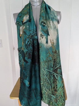 Soft Silk Scarf, Green Gold Silk Scarf, Exotic Bird Design Scarf, Emerald Green 