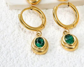 Green Gold Hoop Huggie Dangle Earrings, CZ Crystal Lab Created May Birthstone