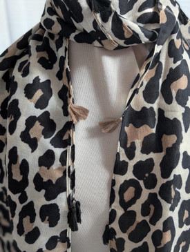 Leopard Animal Print Scarf Cream + Dark Brown + Tassels ,Winter Animal Print Sca