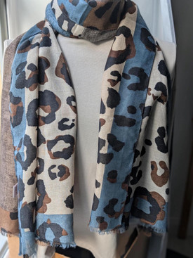 Leopard Print Scarf Cream, Blue + Dark Brown ,Winter Animal Print Scarf,  Soft S
