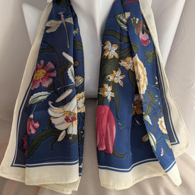 Blue Floral Silk Neck Scarf, Silk Neck Tie, Bandana, Hair Wrap,Hijab, Square Sha
