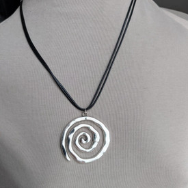 Chunky Silver Spiral Coil Pendant Necklace + Bag, Black Cord Chain 50cm Chunky N