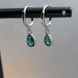 Emerald Green Teardrop Crystal Earrings, Hoop Huggie Dangle Silver Earrings, UK