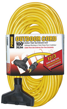 PRIME EC600835 100ft outdoor triple tap extension cords are designed for use by contractors and industrial personnel. Jacket protects against rough use, moisture, ozone and gives added flexibility at below freezing temperatures. Molded-on and bonded vinyl plugs and connectors resist breaking or pulling off cord.