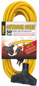 PRIMEﾮ EC600835 50ft outdoor triple tap extension cords are designed for use by contractors and industrial personnel. Jacket protects against rough use, moisture, ozone and gives added flexibility at below freezing temperatures. Molded-on and bonded vinyl plugs and connectors resist breaking or pulling off cord.