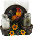 DWK 6" Country Diner Rooster with Wagon Wheel Farm Barrel and Sunflowers Napkin Holder with Salt & Pepper Shaker Set for Kitchen Dining Decor