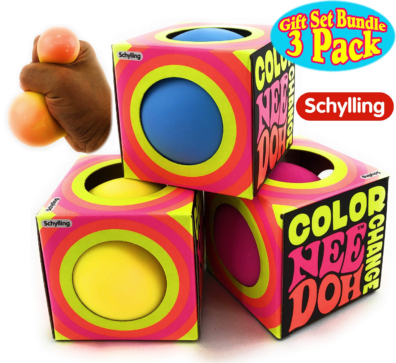 Nee-Doh Schylling Swirl Groovy Glob! Squishy, Squeezy, Stretchy Stress  Balls Neon Yellow/Green, Orange/Pink & Purple/Pink Complete Gift Set Party