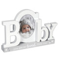 Malden International Designs Baby 3 Dimensional White Cutout Letters On Gray Platform Base 3.5x4.5 Picture Frame