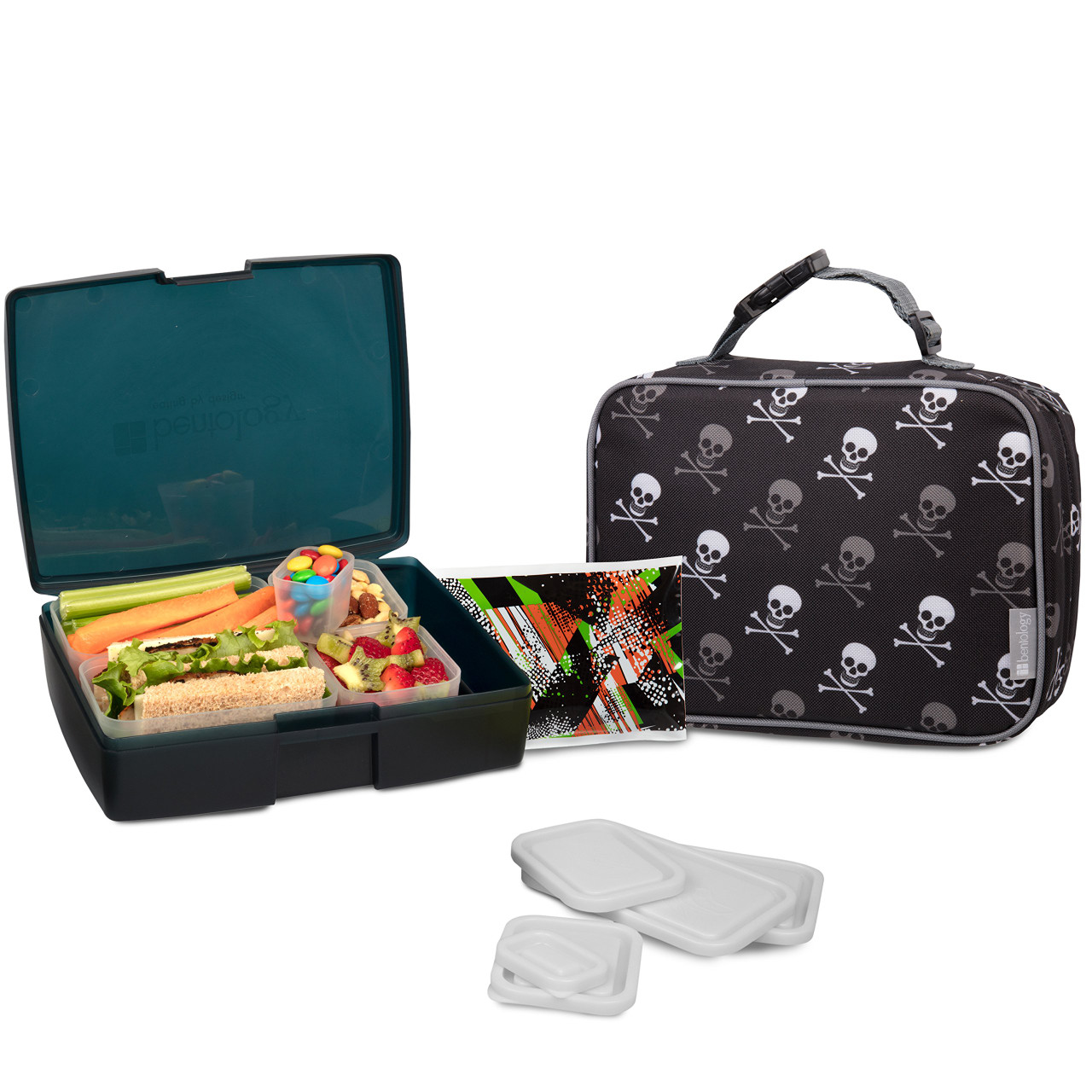 Bentology Lunch Bag and Box Set for Kids - Boys Insulated Lunchbox Tote, Bento Box, 5 Containers and Ice Pack - 9 Pieces - Pirate Skulls