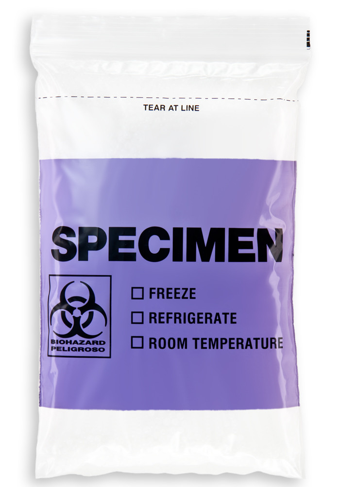 6'' x 9'' PURPLE Reclosable Ziplock ''Biohazard'' 3 Wall Bag, English