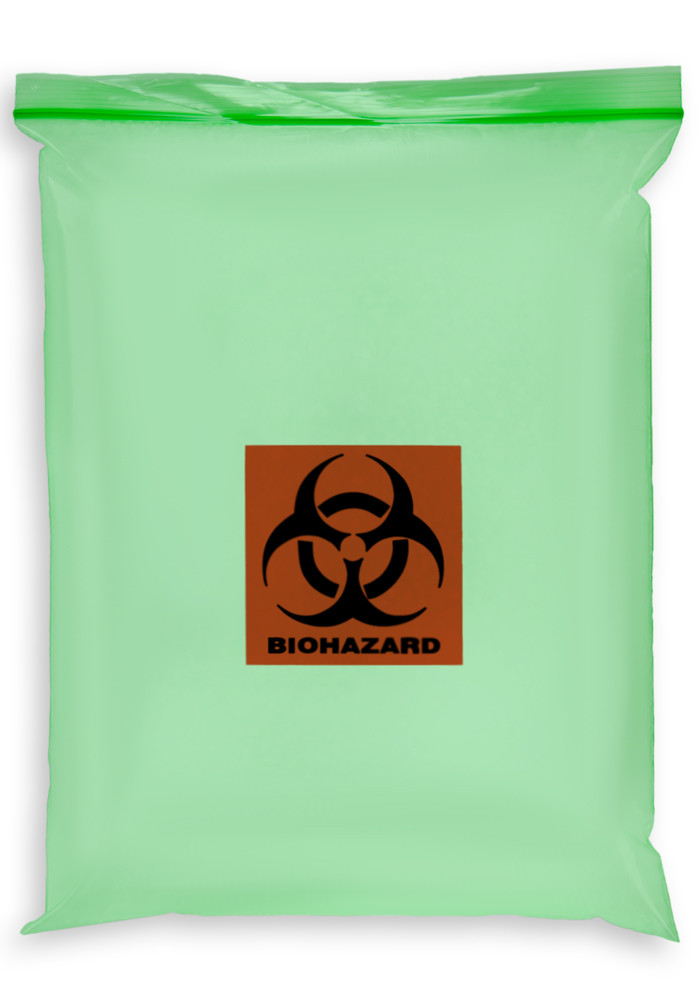 12'' x 15'' Reclosable Ziplock ''Biohazard'' 2 Wall Bag, Green Tint SKU