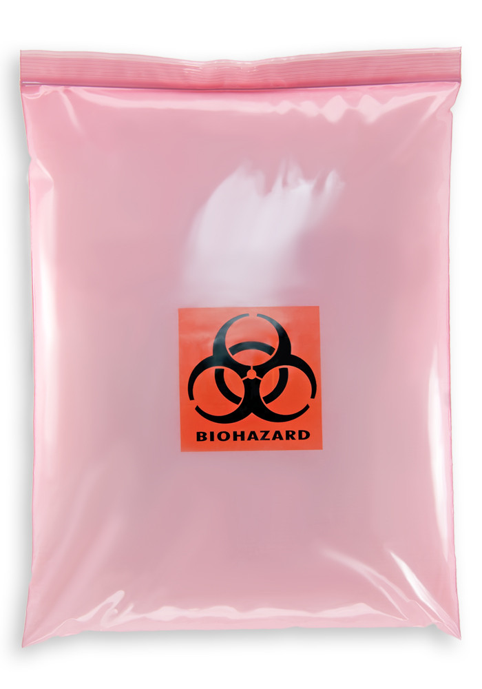 12'' x 15'' Reclosable Ziplock ''Biohazard'' 2 Wall Bag, Pink Tint SKU