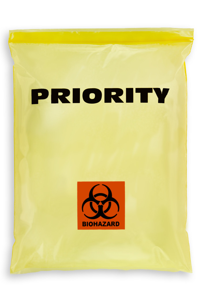12'' x 15'' Reclosable Ziplock Bag, Yellow Tint, ''Biohazard Priority