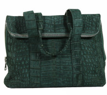 Fold Over Zippered Tote - Green Suede Crocodile
