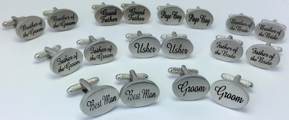 Oval Wedding Party (named) cufflinks with black script lettering