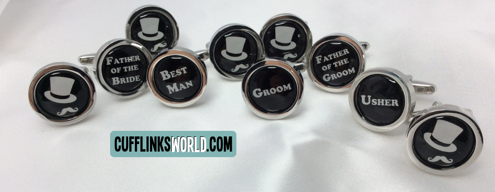 Round Black Wedding Party Cufflinks with names in White Lettering and Top Hat and Moustashe design