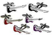 Guitar cufflinks in the style of Stratocaster electric guitar, available in black, red and purple
