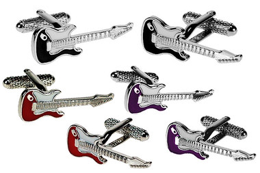 Guitar cufflinks in the style of Stratocaster electric guitar, available in black, red and purple