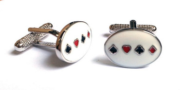 White enamel Oval cufflinks with four card suit symbols 