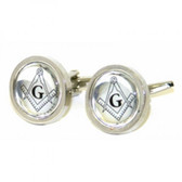  Silver Coloured Round Masonic Cufflinks withThe Masonic Square and Compasses and letter G