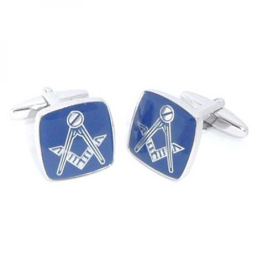 Masonic Cufflinks Rhodium Plated with Blue lacquer: No G (with The Masonic Square and Compasses)
