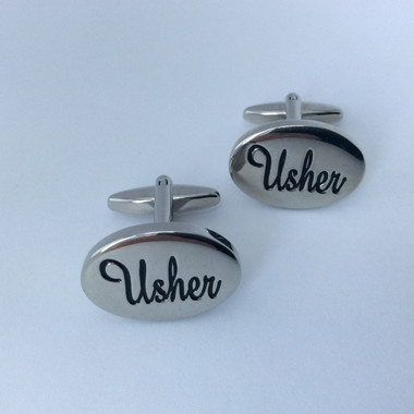 Usher Wedding Cufflinks with black writing on shiny chrome oval