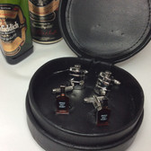 Two pairs of Whiskey / Spirits Cufflinks (Hip Flask and Bottle of Whisky)  in Black Leather Case Gift Set 