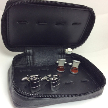 Leather Travel Case (holds up to 6 pairs of cufflinks) with 2 pairs of whiskey theme cufflinks (hip flasks and glass of whisky cufflinks)
