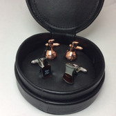 Two pairs of Whiskey / Spirits Cufflinks (Golden Stills Cufflinks and Mixed: Whiskey Bottle and Glass Cufflinks)  in Circular Black Leather Case Gift Set 