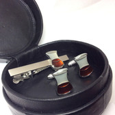 Whisky Glasses Cufflinks and Tie Bar Gift Set in Circular Black Leather Case