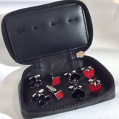 A complete set of Clubs, Diamonds, Spades and Hearts Playing Card themed cufflinks in a wonderful rectangular soft padded real leather zipped black storage case

