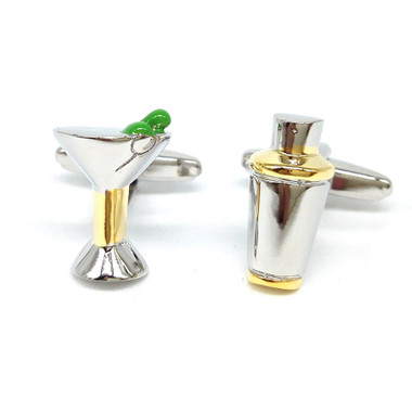 Two tone Cocktail shaker and glass - with green olives - cufflinks