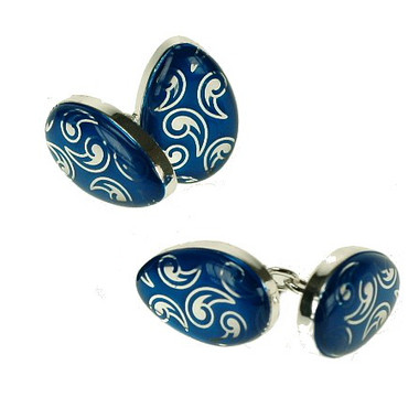 Blue enamel design 'egg shaped' chain-linked cufflinks 