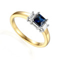 18ct Gold Sapphire 0.64ct & Diamond 0.17ct Baguette Cut Trilogy Ring
