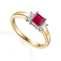 9ct Gold Ruby 0.67ct & Diamond 0.16ct Baguette Cut Trilogy Ring