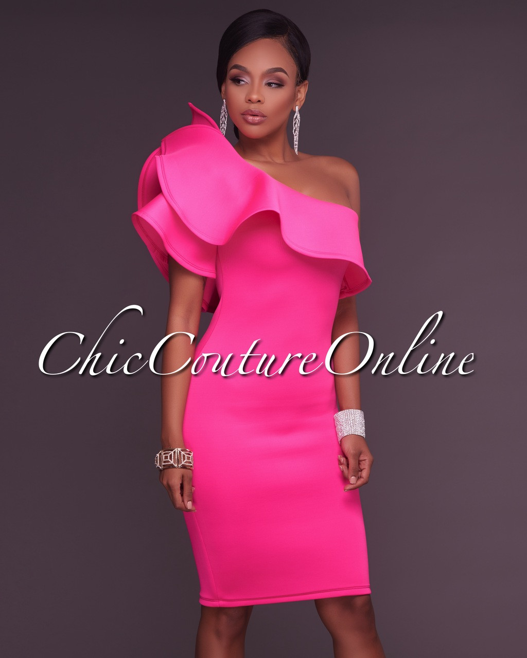 one shoulder pink ruffle dress