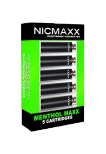Five Pack of NICMAXX "menthol maxx" flavored electronic cigarette cartridges in neon green packaging.