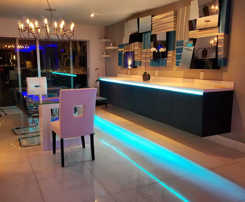 color changing LED strips in dining room 