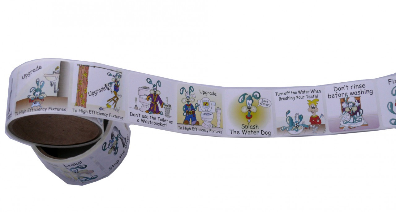 Roll of Colorful Stickers with indoor water saving message