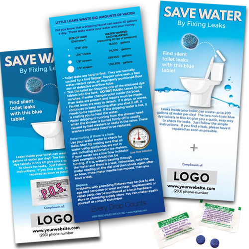 Custom Blue Dye Tab on a card, custom city, utility, municipality logo, toilet leak detection cards promo item