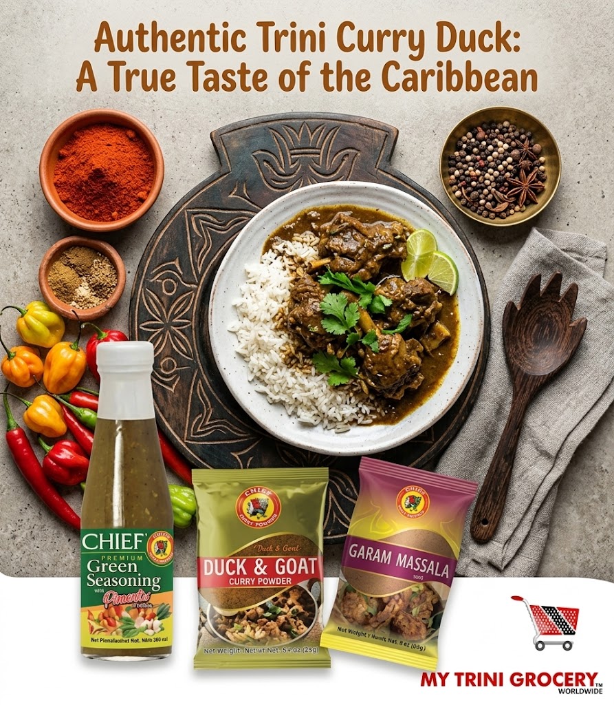 Authentic Trini Curry Duck served with white rice, surrounded by Caribbean spices and Chief brand green seasoning, curry powder, and garam masala from My Trini Grocery." Where are you planning to post this image on the site&mdash;is it for a blog recipe, a product bundle page, or the homepage?