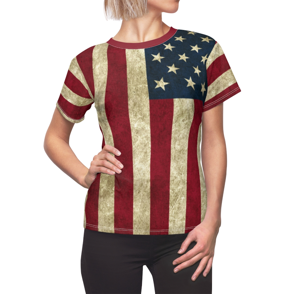 Ladies All Over Print American Flag Shirt With Grunge Look