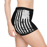Women's Patriotic Workout Shorts with The American Flag On the Right Leg Black and White