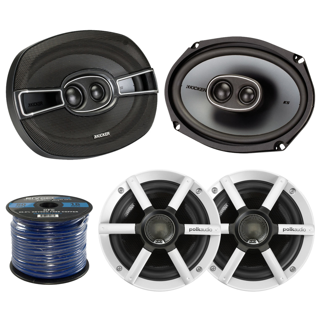 Kicker 41KSC6934 6x9" 3Way 300 Watt Car Audio Coaxial Speakers, Polk Audio MM651UM 6.5" Inch