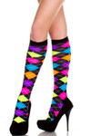Music Legs Neon Argyle Knee High One Size