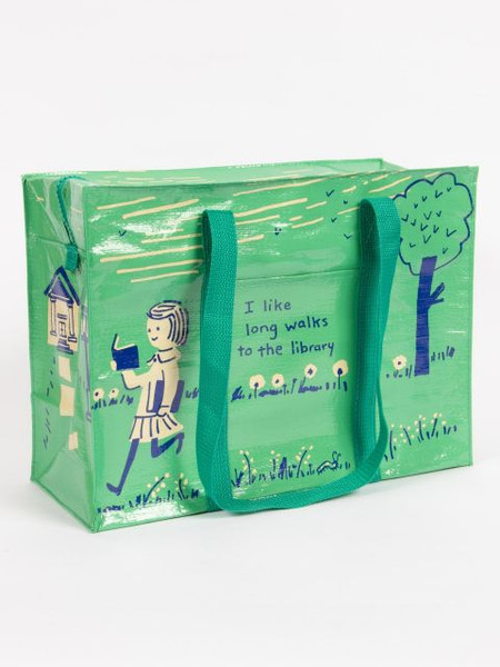 tote, long walks, library, 95% post consumer recycled material. 11"h x 15"w x 6.25"d