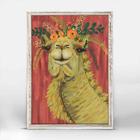 Camel, garland of orange marigold flowers, canvas, decor, art, Spring Whitaker, framed canvases, rustic finish, minis, gallery wall. 
