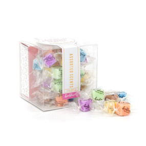 Candy-wrapped solid scrubs, massage, 3-in-1 lotion, silky soft skin, exfoliate, biodegradable cellulose helps, each box contains 30 and  a mini travel box.